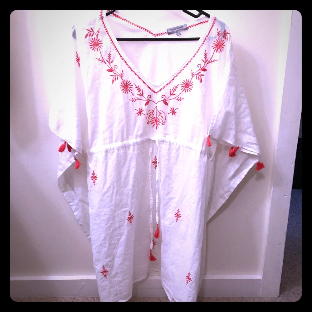 World Market Beach cover up white & orange tassels